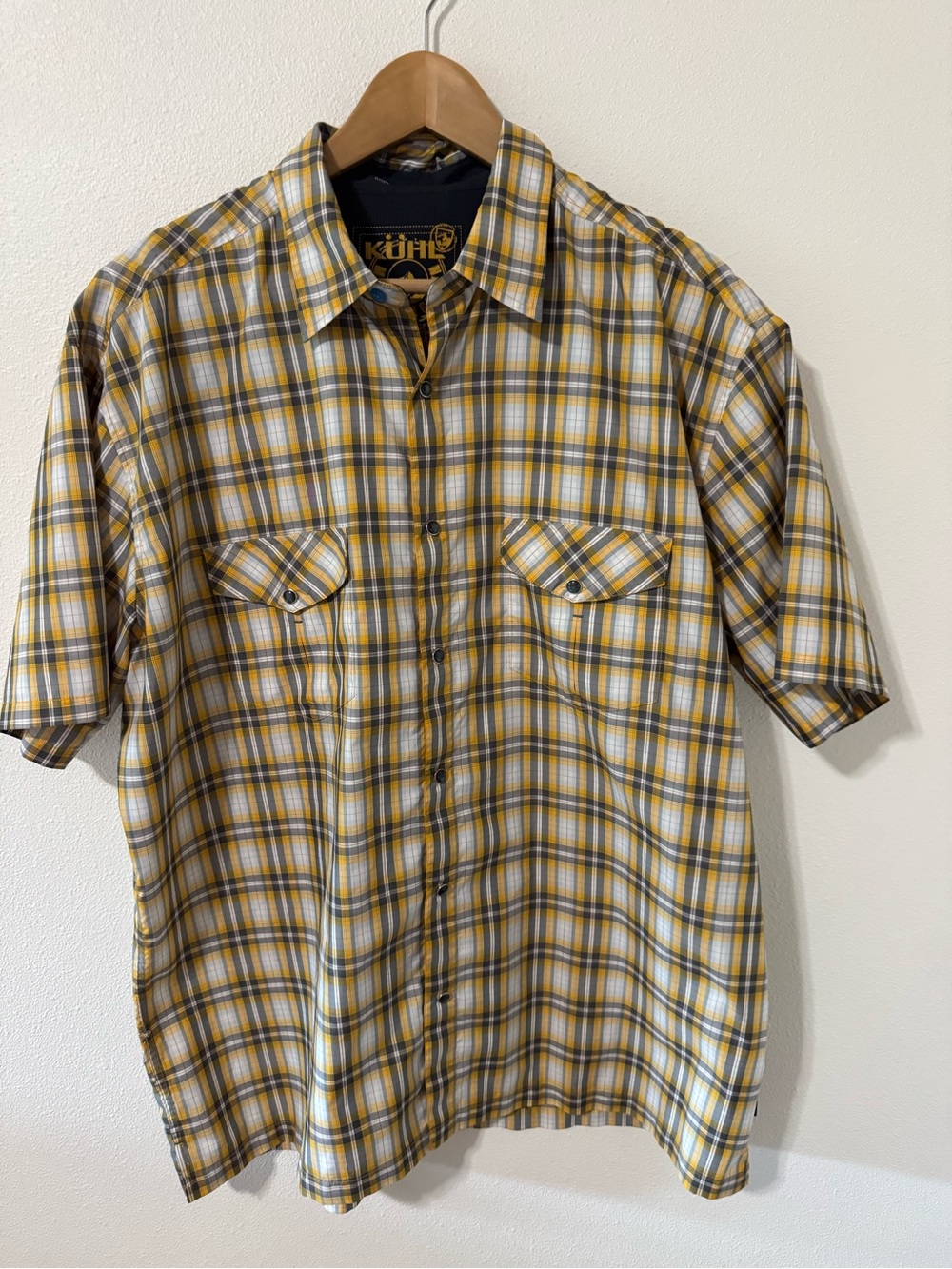 Kuhl RESPONSE Short Sleeve Pearl Snap Button Shirt Yellow Plaid Quick Dry-XXL